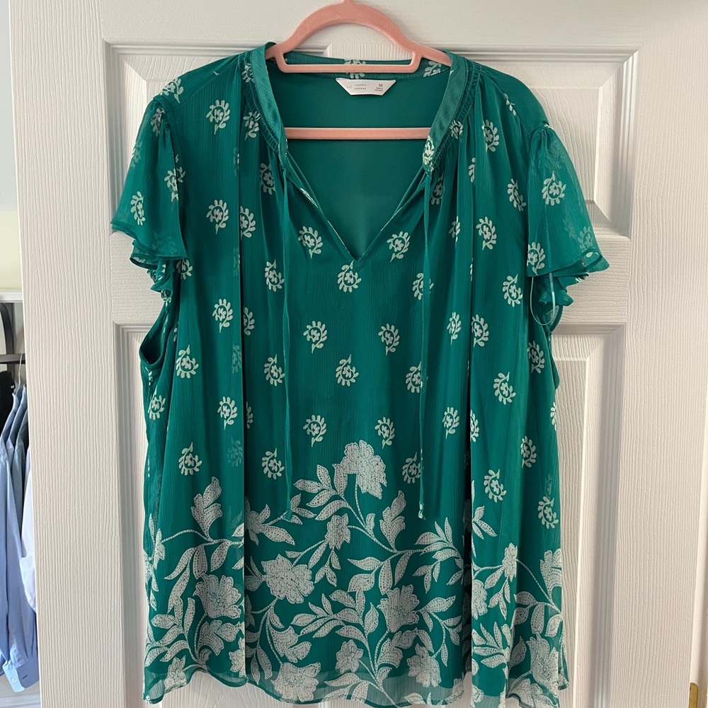 LC Lauren Conrad Teal Green Floral-Print Flutter Sleeve Blouse